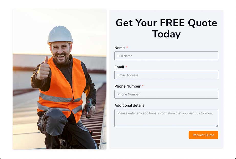 XYZ Roofing desktop screenshot - quote form
