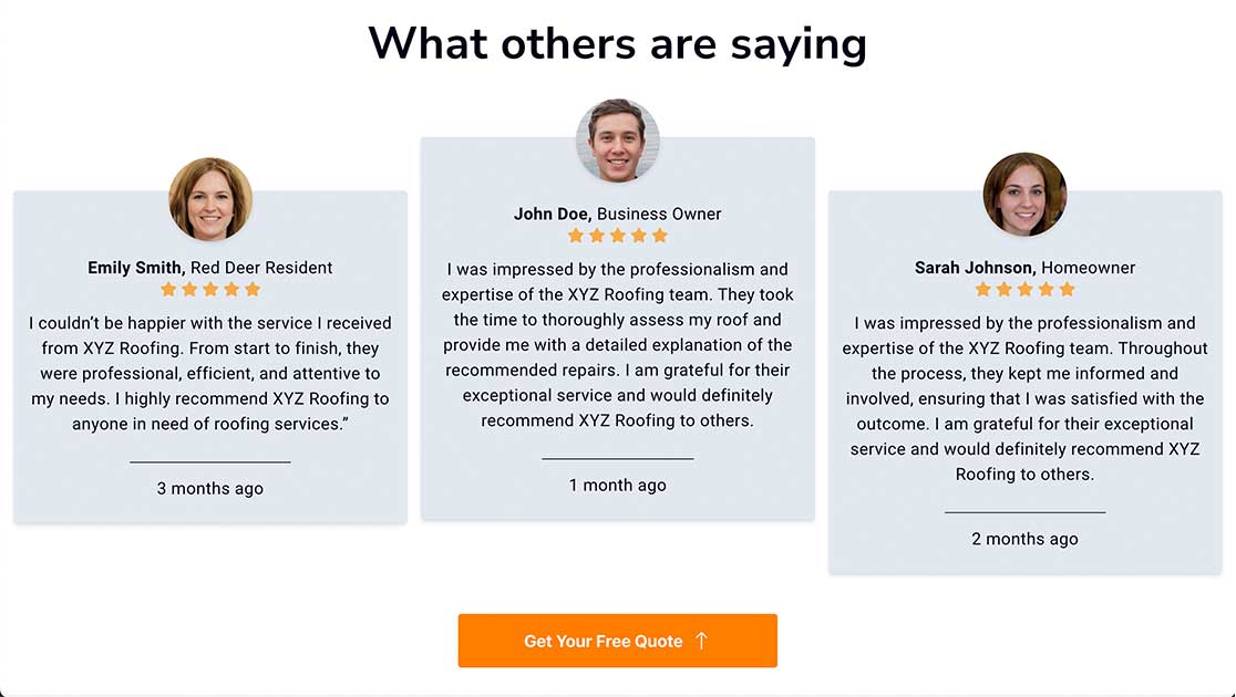 XYZ Roofing desktop screenshot - testimonials