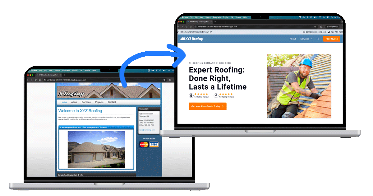 XYZ Roofing desktop screenshots - before and after