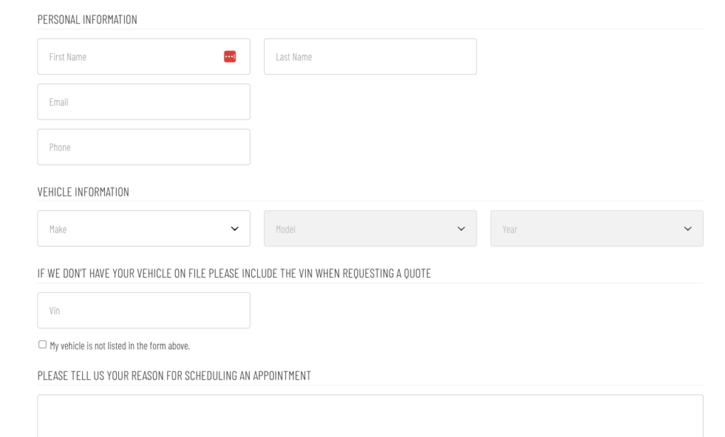 Booking form Screenshot