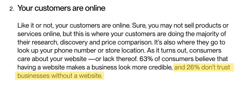 Screenshot from CIRA highlighting the text, 26% don't trust businesses without a website.