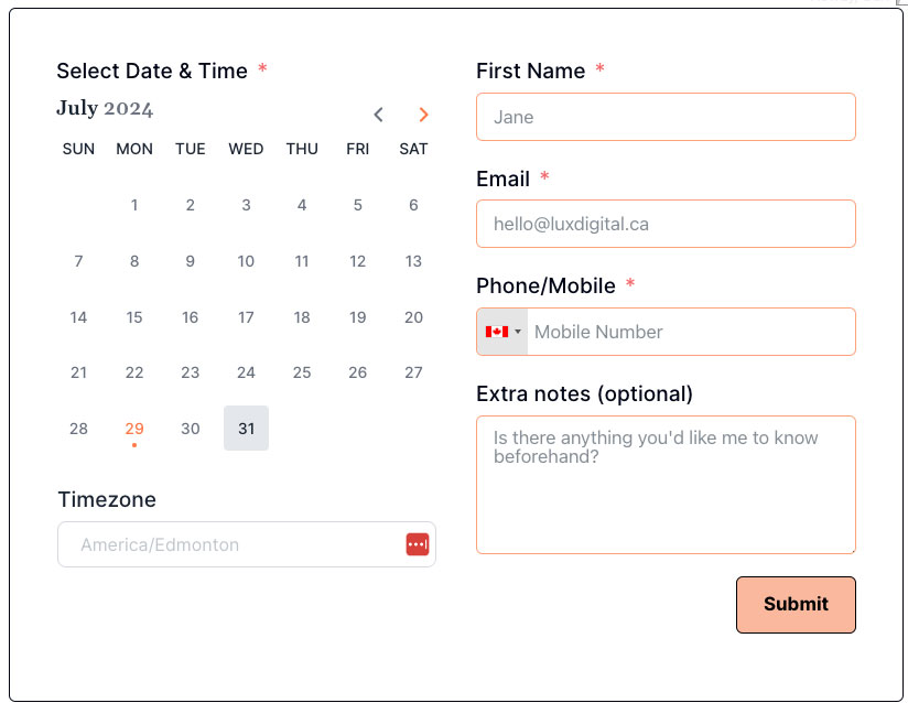 Screenshot of booking form for one of my clients