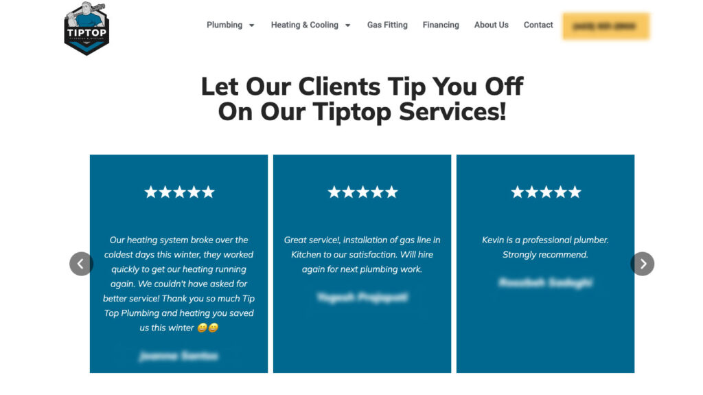 Tiptop company screenshot showcasing reviews