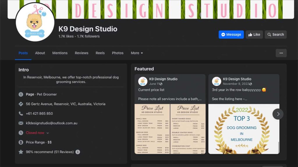 K9 Design Studio Facebook screenshot