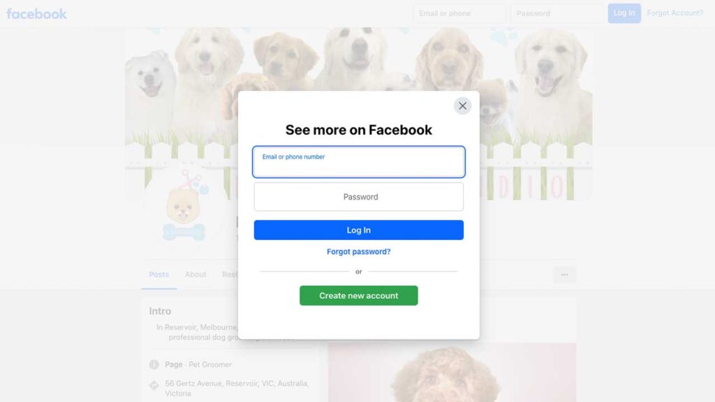 K9 Design Studio Facebook login prompt