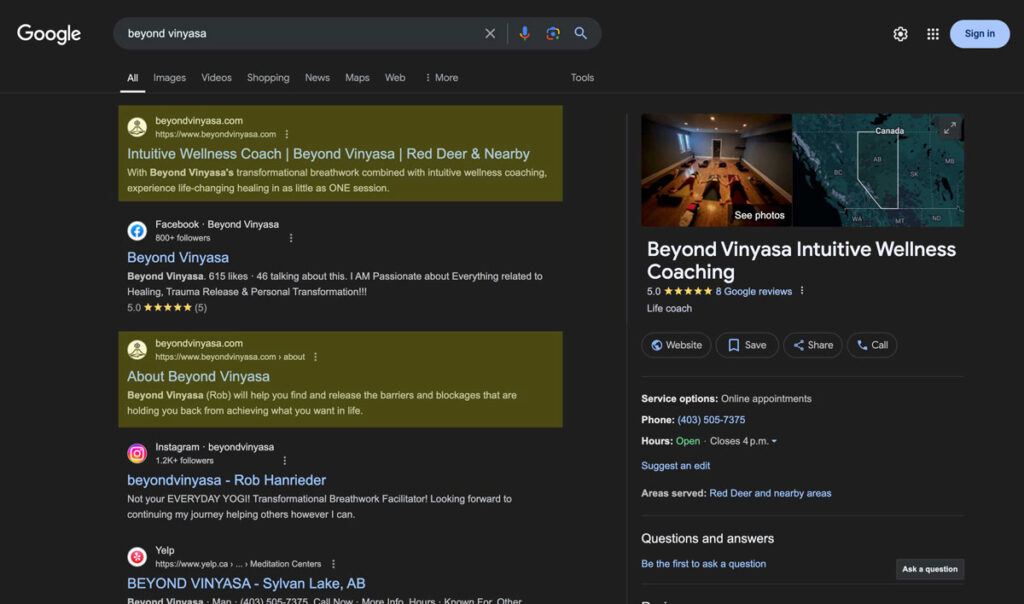 New search results where beyond vinaysa dominates the Google SERPs