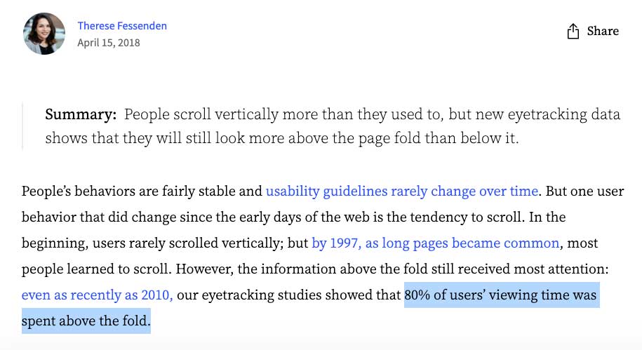 A screenshot highlighting, "80% of users' viewing time was spend above the fold."
