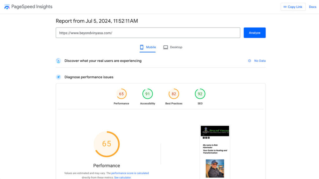 Old pagespeed insights, 2 factors in the orange